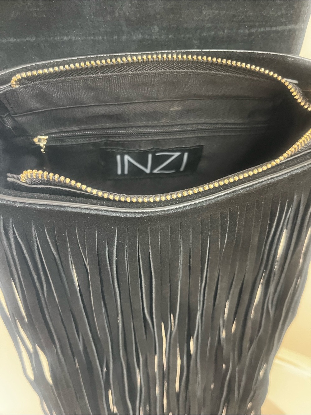 Black Fringe Crossbody Bag with Gold Ring Accent by INZI - Picture 7 of 11